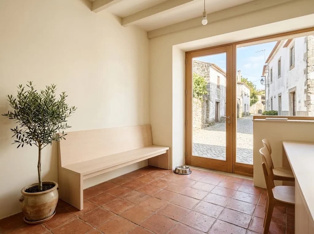Uma sala de espera de clínica de vila, clara e renovada, com uma taça de água junto à porta