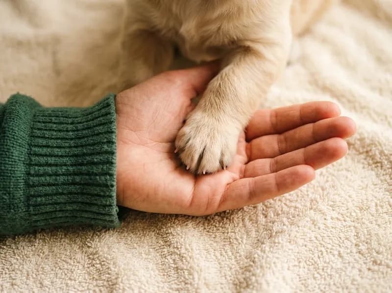 A pata de um cachorro na mão de uma veterinária