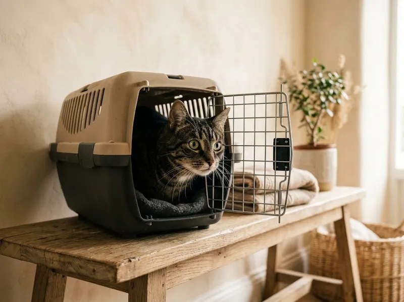 Um gato a espreitar da transportadora na sala de espera