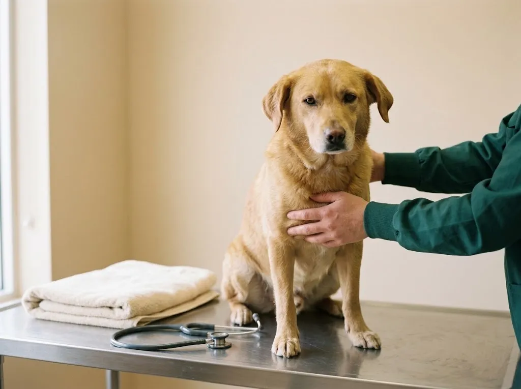 Mãos de uma veterinária a examinar com cuidado um cão calmo na mesa de consulta