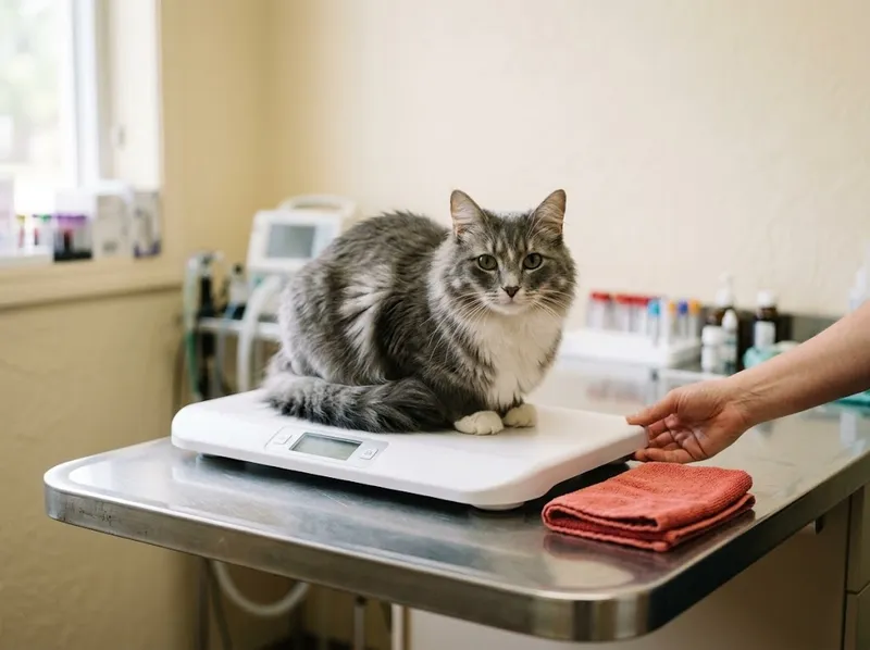 Um gato a ser pesado na balança da clínica