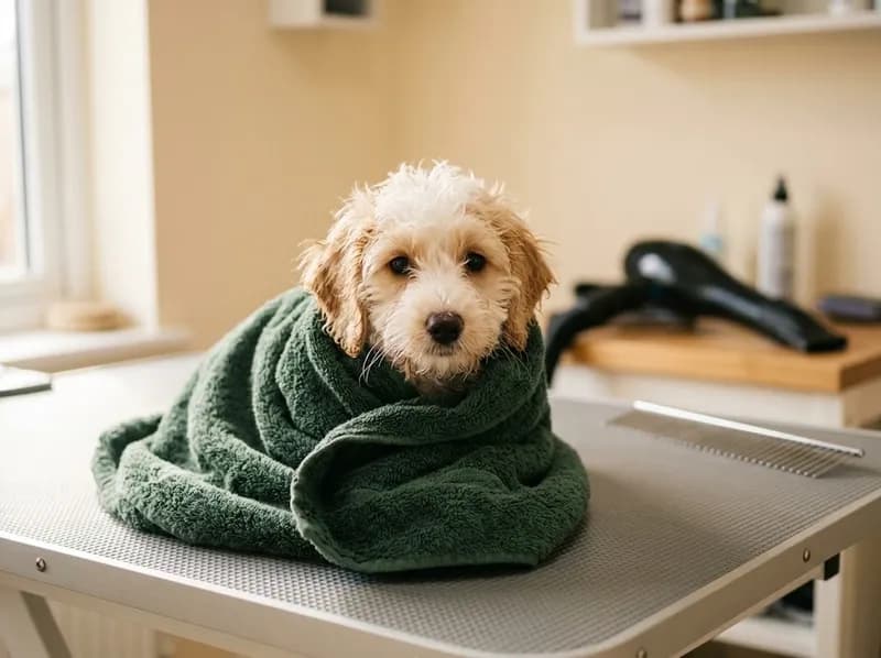 Um cão pequeno acabado de tomar banho, enrolado numa toalha
