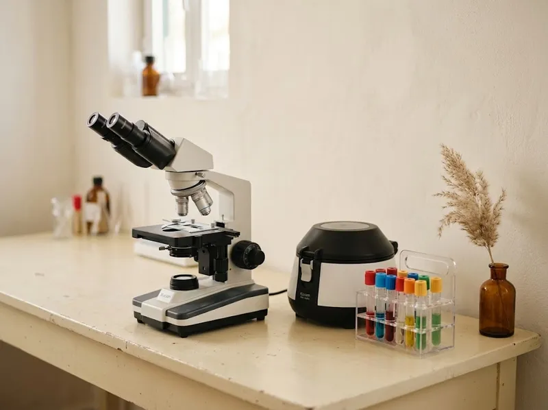 Um microscópio e tubos de amostras numa bancada limpa